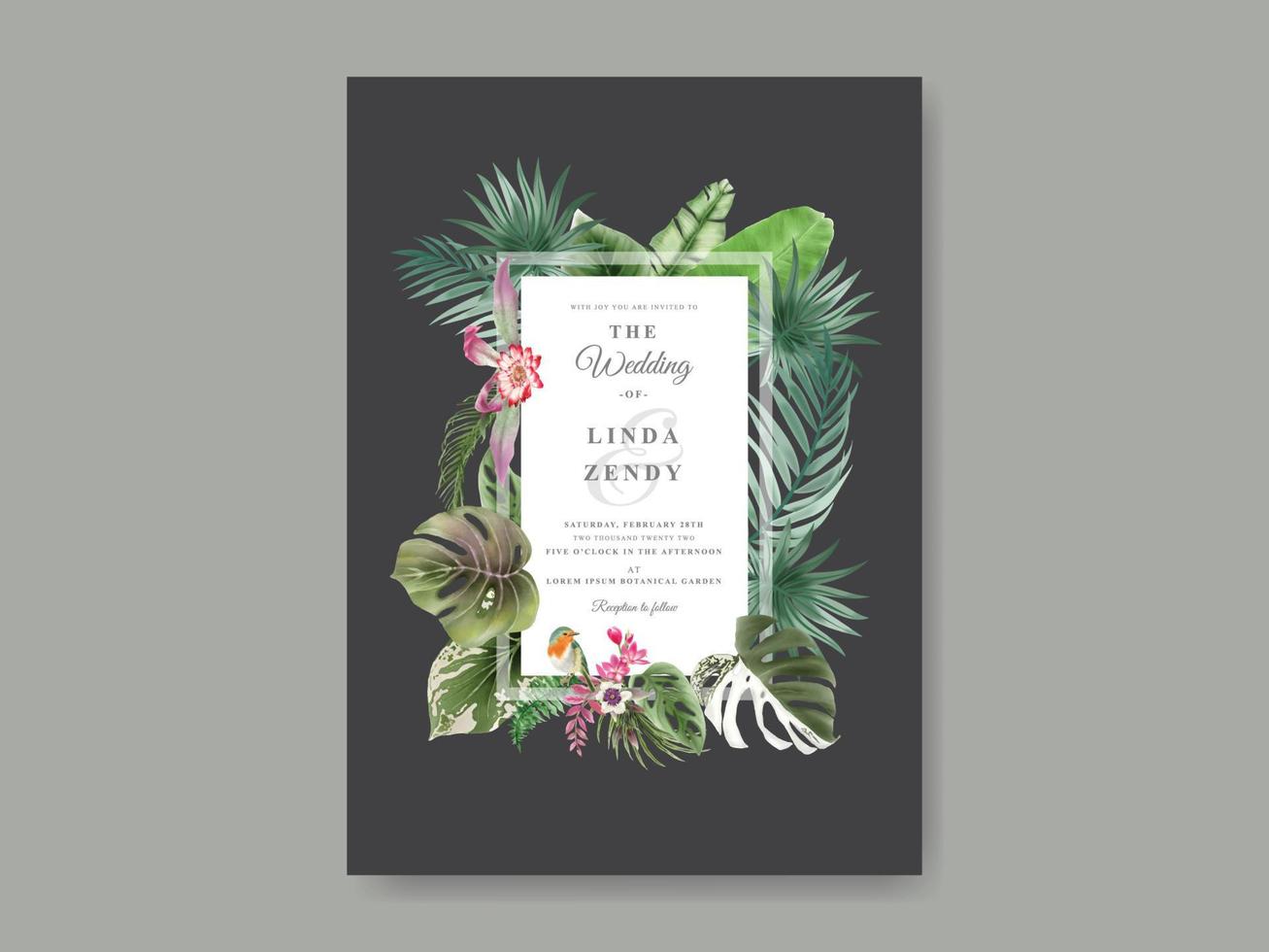 Beautiful tropical floral wedding invitation template vector