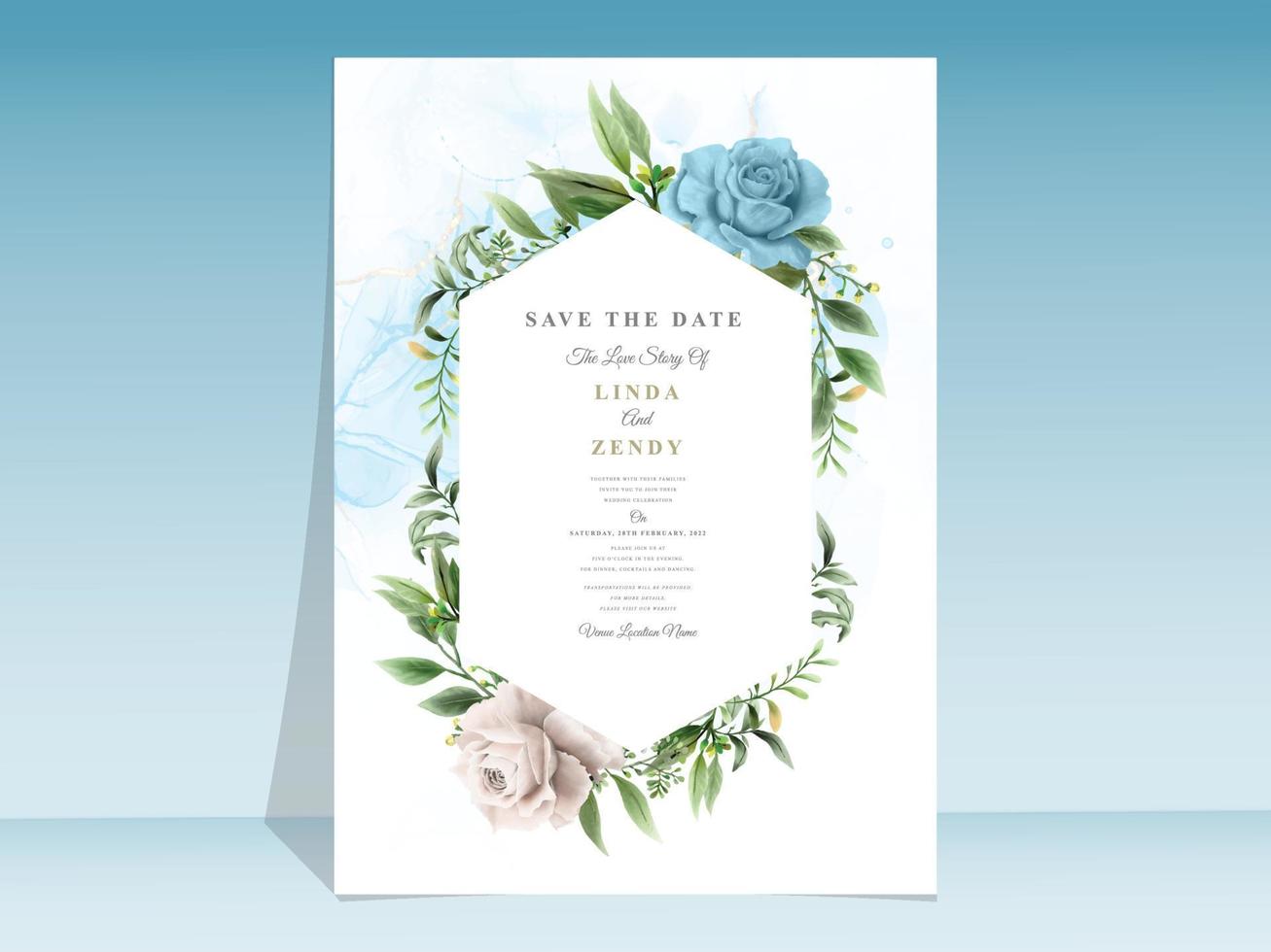 Blue roses wedding invitation template vector