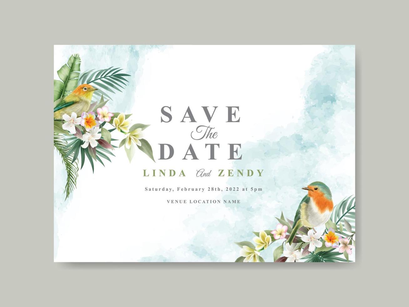 hermosa plantilla de invitación de boda floral tropical vector