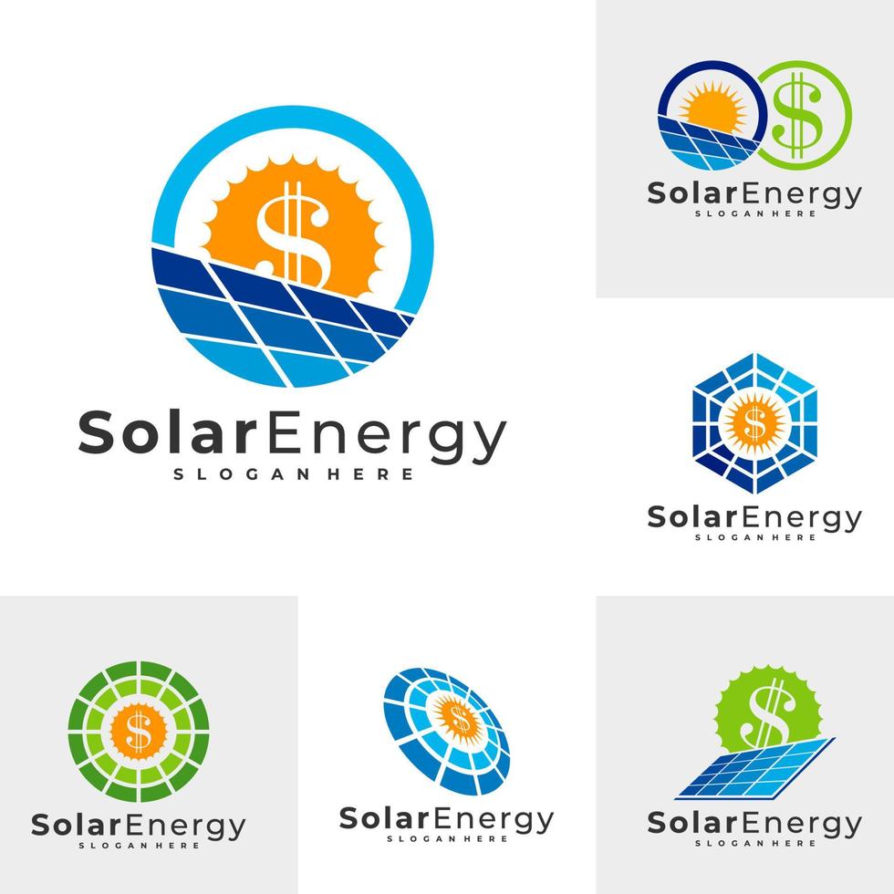 Conjunto de plantilla de vector de logotipo solar de dinero, conceptos de diseño de logotipo de energía de panel solar creativo