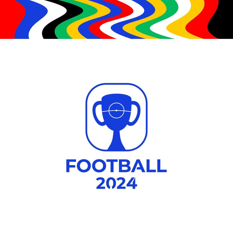 Logotipo de vector de campeonato de fútbol 2024. emblema de logotipo de fútbol o fútbol 2024 sobre fondo blanco no oficial con líneas de colores de la bandera del país. Logotipo de fútbol deportivo con trofeo de copa.