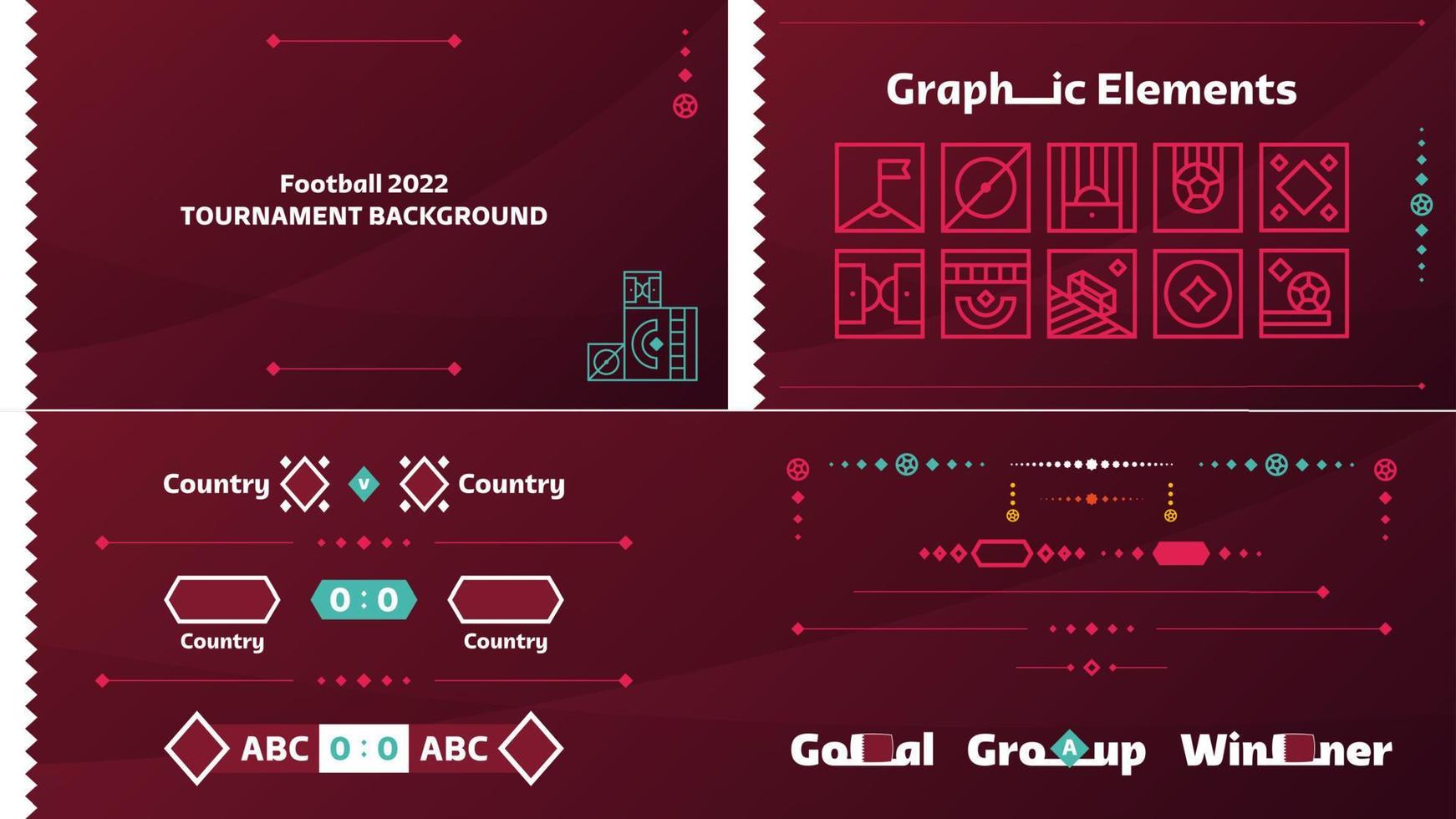 Conjunto de vectores de elementos de diseño de campeonato de fútbol o fútbol 2022. 2022 fondo oficial de color rojo vacío. Vectores, pancartas, carteles, kit de redes sociales, plantillas, marcador