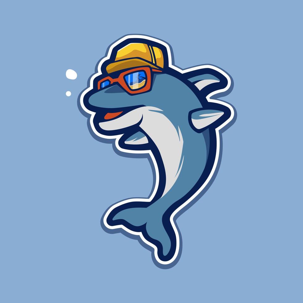 Dolphin wearing glasses and hat mascot logo design illustration vector
