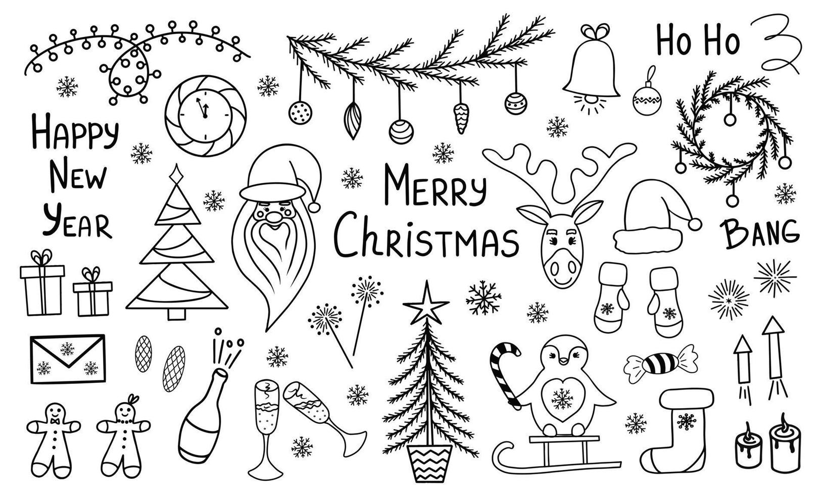 conjunto de navidad. Feliz año nuevo. Doodle elemento de Navidad. ilustración vectorial para fondos, web, diseño móvil, fondos de pantalla, envases, pegatinas, diseño estacional. aislado sobre fondo blanco. vector