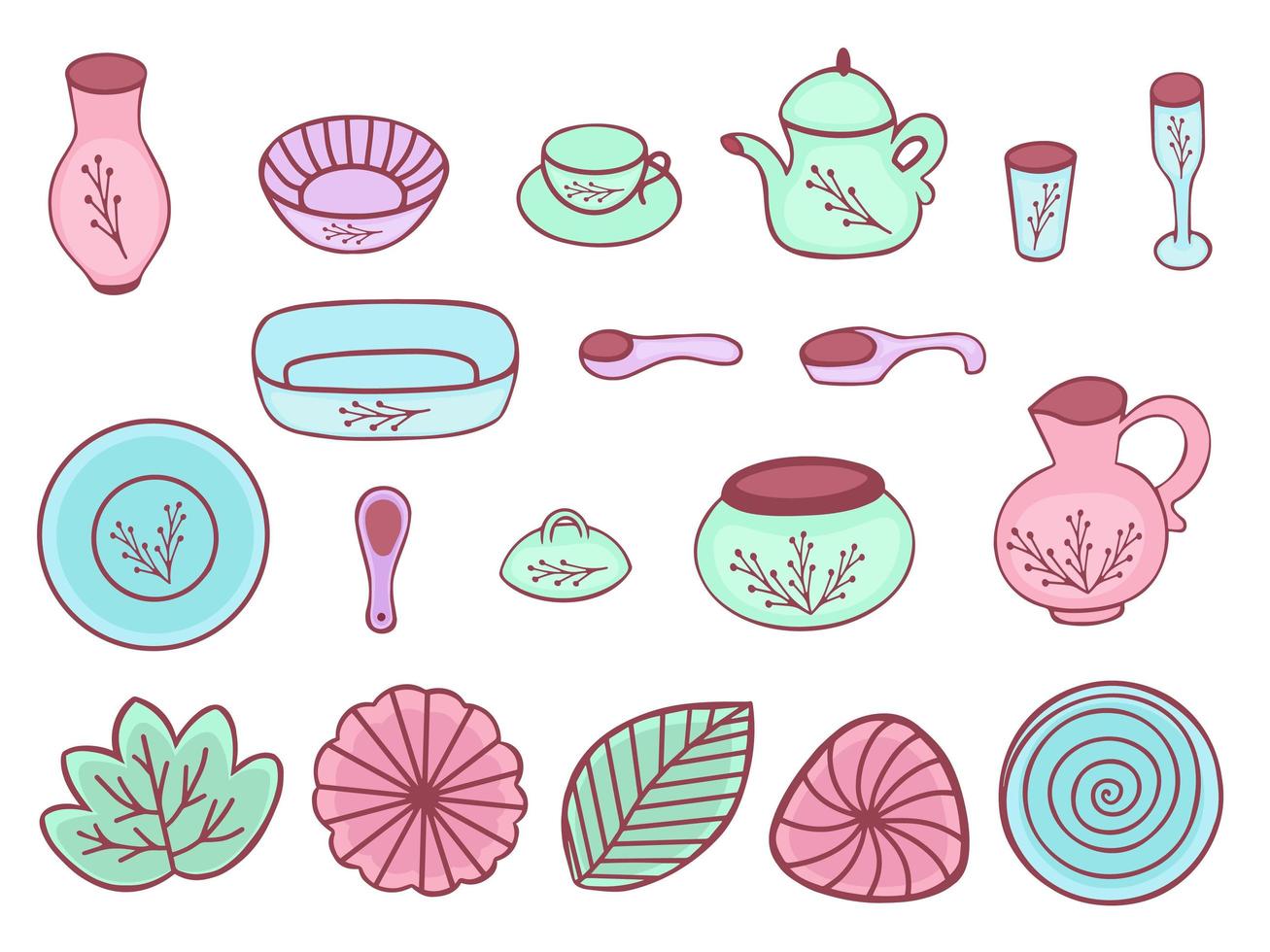 Menaje de cocina de ceramica. hermosas cerámicas hechas a mano, ilustración plana. platos limpios. vajilla decorativa aislado sobre fondo blanco. Utensilios de cocina y vajilla. restaurante de loza. vector