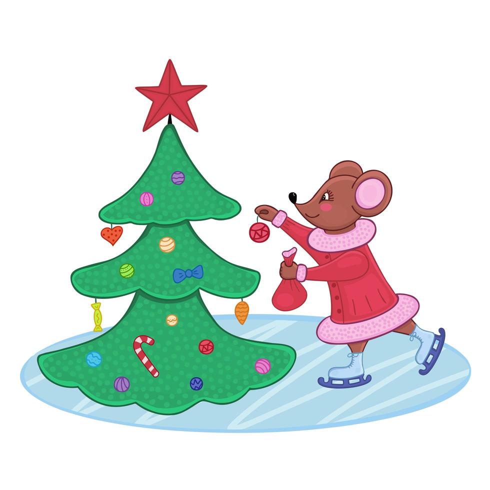 Christmas tree and mouse. New year illustration for backgrounds, icon web, mobil design, wallpapers, covers, packaging, posters, stickers, textile seasonal design Isolated on white background. vector