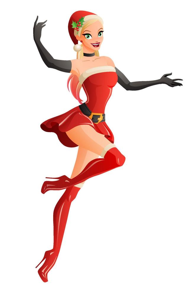 Pretty woman in red Christmas Santa costume presenting and flying. Cartoon style vector illustration isolated on white background.