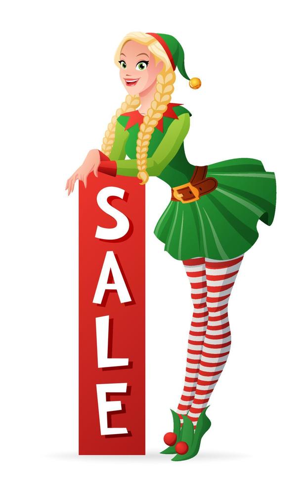 chica guapa en traje de elfo de Navidad verde posando con banner de venta vertical. Ilustración de vector de estilo de dibujos animados aislado sobre fondo blanco.