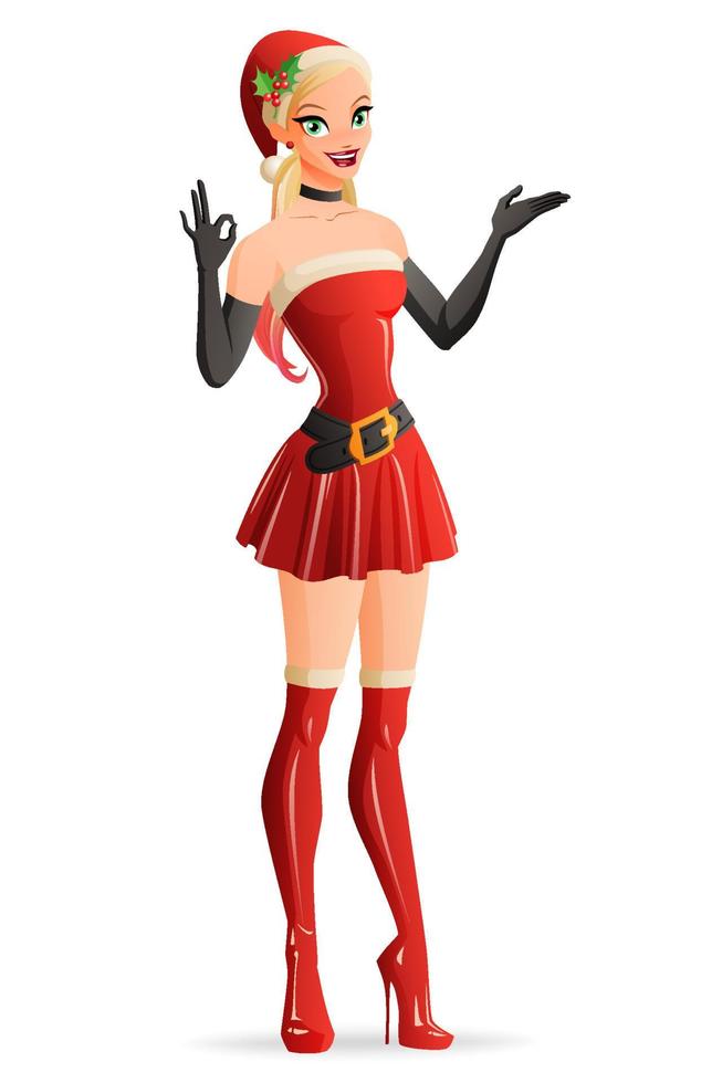 hermosa chica en rojo navidad santa claus traje presentando y mostrando gesto de signo ok. ilustración vectorial de dibujos animados aislado sobre fondo blanco. vector