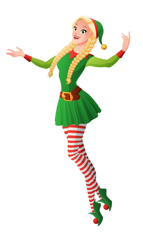 Pretty girl in green Christmas elf party costume presenting and posing. Cartoon style vector illustration isolated on white background.