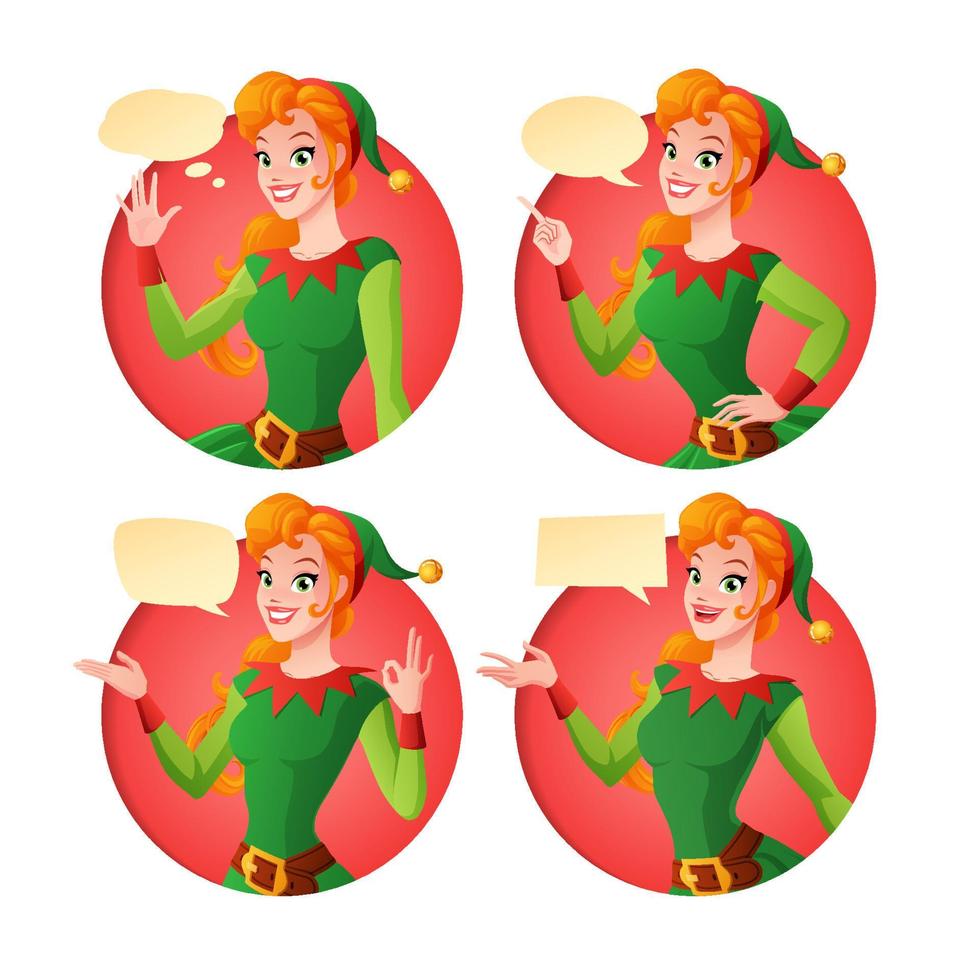 Vector set of woman in green Christmas elf costume in different poses with various speech bubbles waving, finger pointing up, showing OK sign gesture and presenting.