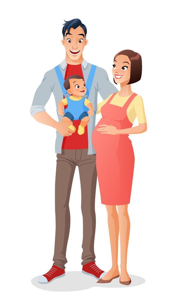 Linda familia de dibujos animados sonriente con un bebé en el portabebés y esperando otro hijo. ilustración vectorial aislado sobre fondo blanco. vector