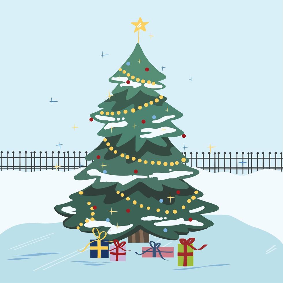 árbol de navidad decorado con cajas de regalo, estrella, luces, bolas de decoración y lámparas. feliz Navidad y un Feliz Año Nuevo. Ilustración de vector de estilo de pisos modernos.