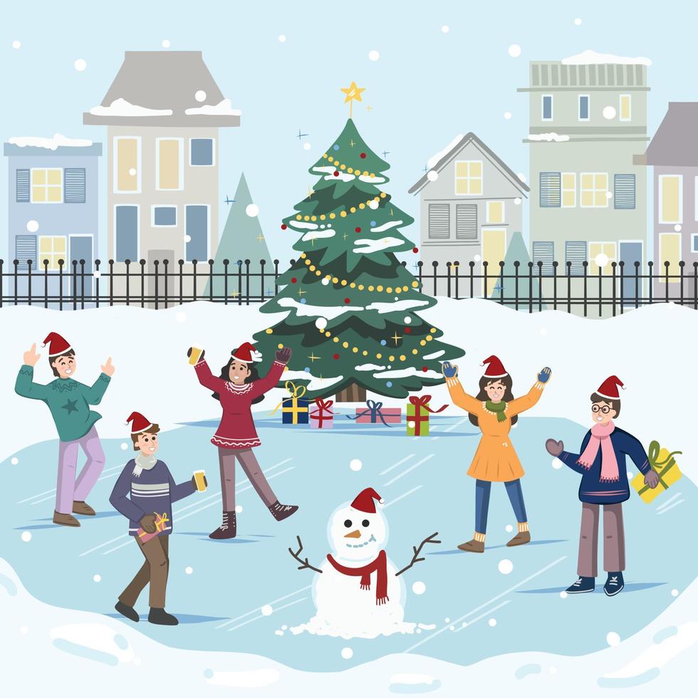 People celebrate on festive Christmas city street, park vector illustration. Cartoon urban cityscape with decorated houses, celebrating dancing people, holding Christmas tree, gifts and xmas decor.