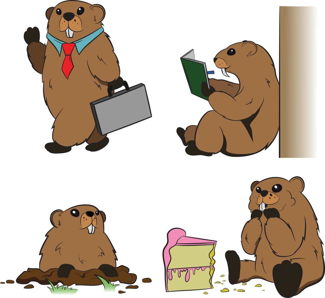 Anthropomorphized Groundhog character dressed as a poet and a businessman eating cake and digging ground. Groundhog Set. vector