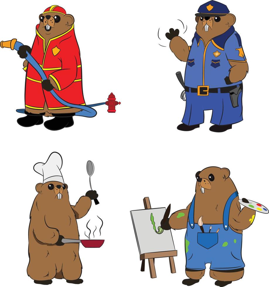 personaje de marmota antropomorfizado vestido de chef, bombero, policía y pintor. marmota conjunto de cuatro caracteres. vector