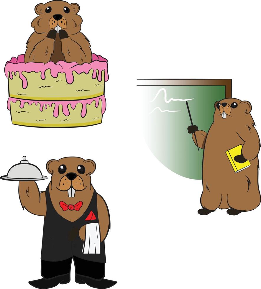 Personaje de marmota antropomorfizado vestido de camarero mayordomo y maestro comiendo pastel. marmota conjunto de tres personajes. vector