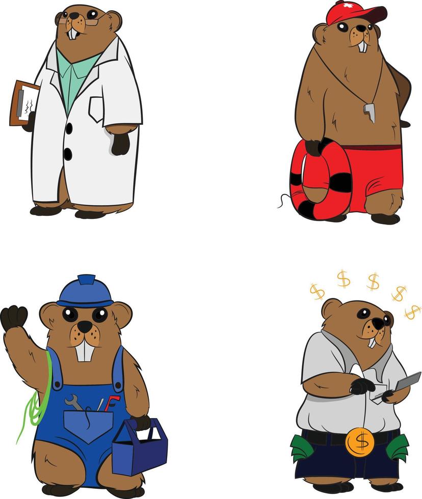Personaje de marmota antropomorfizado disfrazado de médico salvavidas manitas y contable. marmota conjunto de cuatro caracteres. vector
