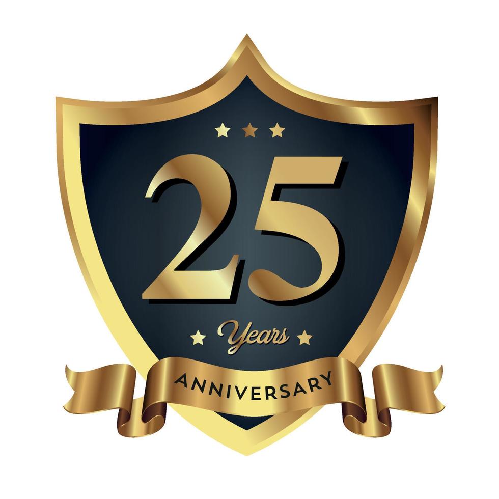 25 aniversario celebrando el fondo de negocios de la empresa de texto con números. plantilla de evento de aniversario de celebración de vector escudo de color rojo dorado oscuro