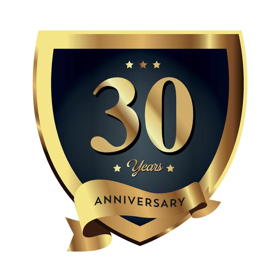30 aniversario celebrando el fondo de negocios de la empresa de texto con números. plantilla de evento de aniversario de celebración de vector escudo de color rojo dorado oscuro