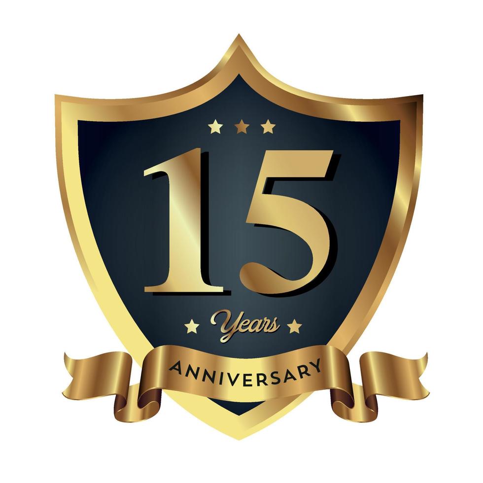 15 aniversario celebrando el fondo de negocios de la empresa de texto con números. plantilla de evento de aniversario de celebración de vector escudo de color rojo dorado oscuro