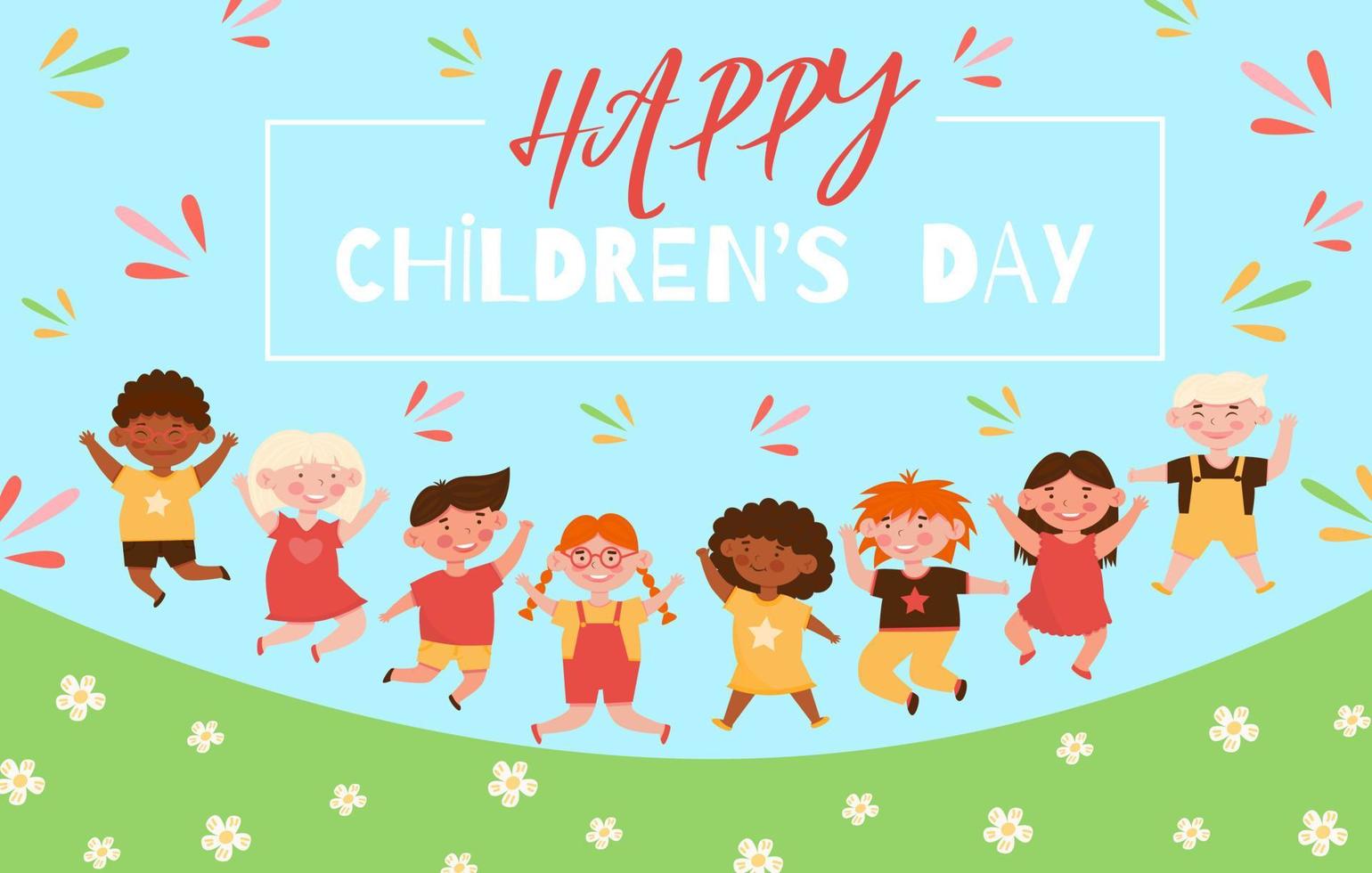 Happy childrens day concept Flat vector illustration with jumping happy smiling kids