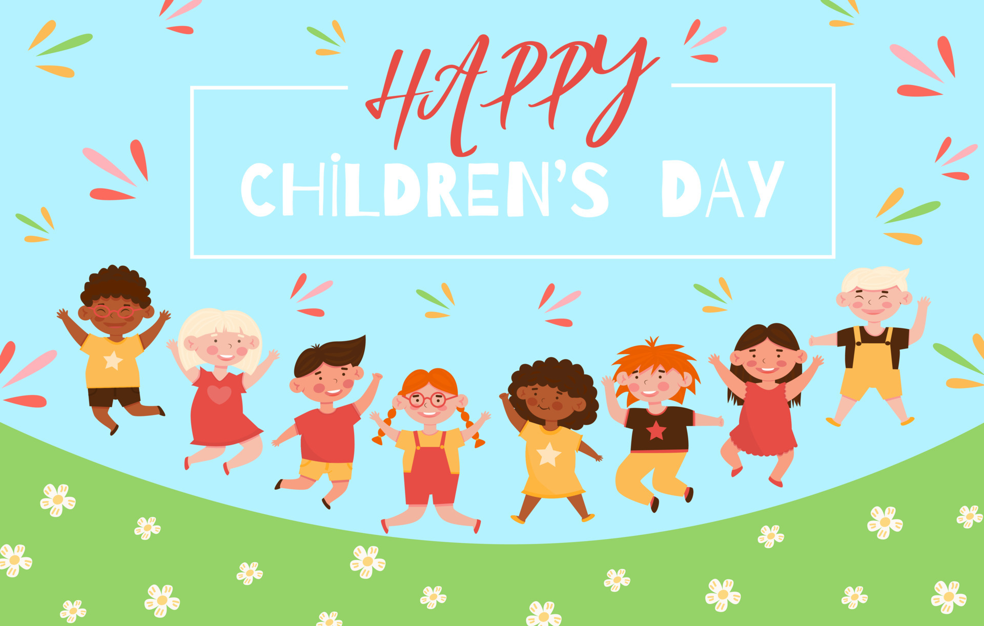 Happy childrens day concept Flat vector illustration with jumping happy ...
