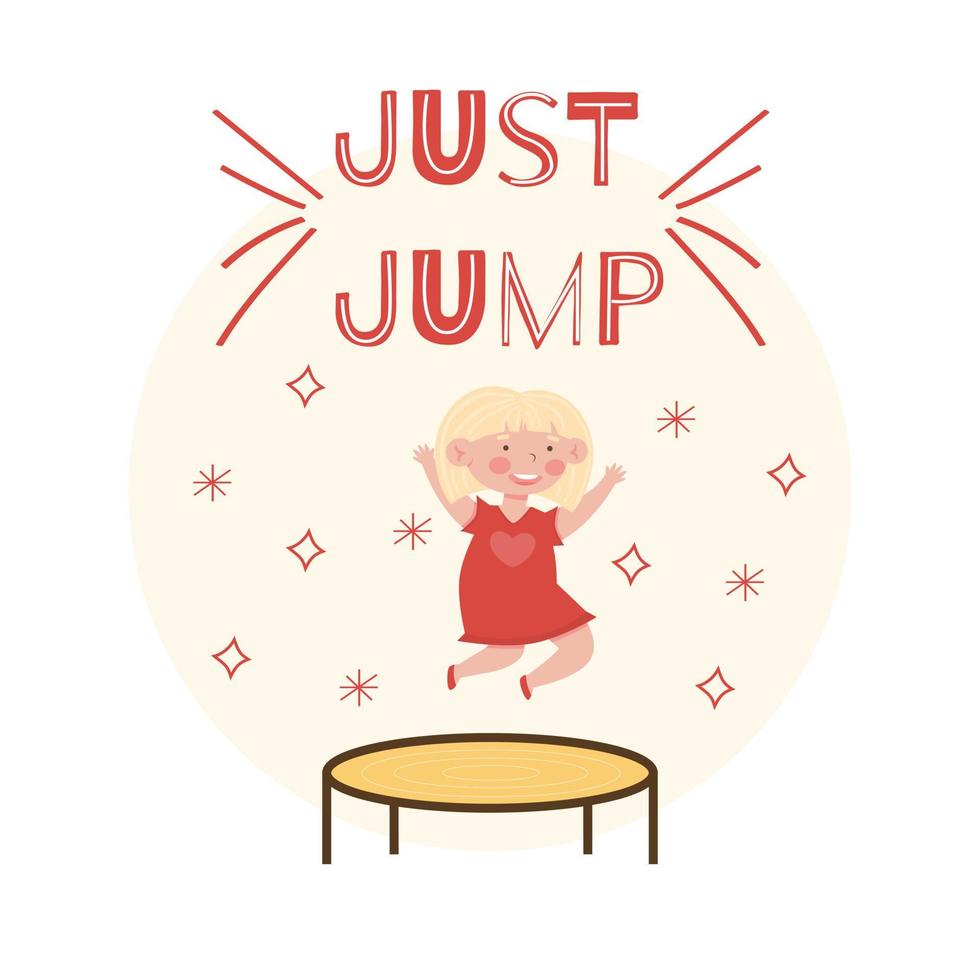 Cute little smiling girl jumping on trampoline Flat vector illustration isolated on a white background