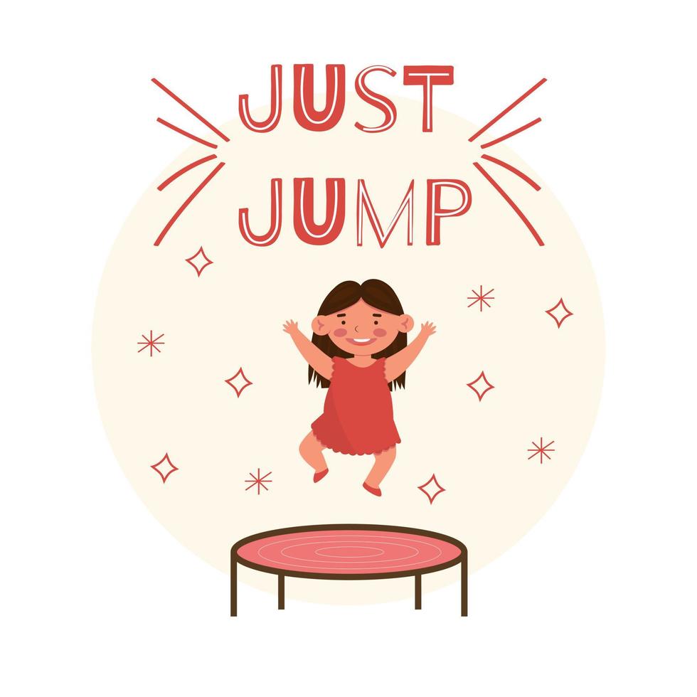 Cute little smiling girl jumping on trampoline Flat vector illustration isolated on a white background