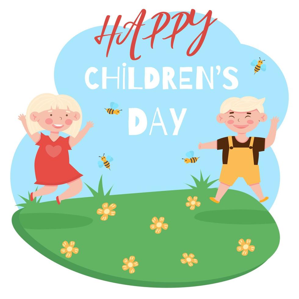 Happy childrens day concept Flat vector illustration with jumping happy smiling kids