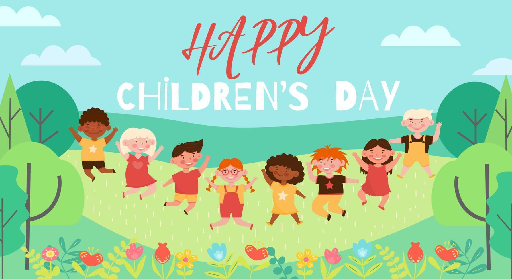 Ilustración de vector plano de concepto de día de los niños felices con niños sonrientes felices saltando