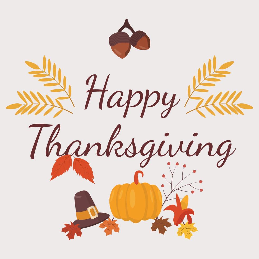 Happy Thanksgiving day. Pilgrim hat, acorns, and leaves vector
