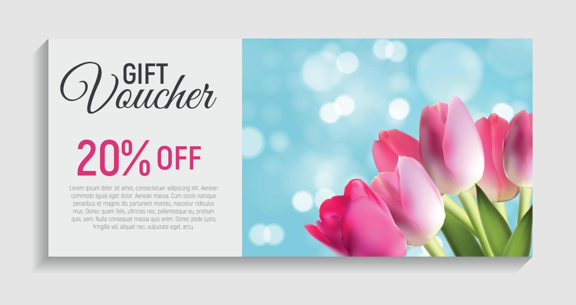 Gift Voucher Card Template with Flowers. 3D Realistic Vector Iillustration