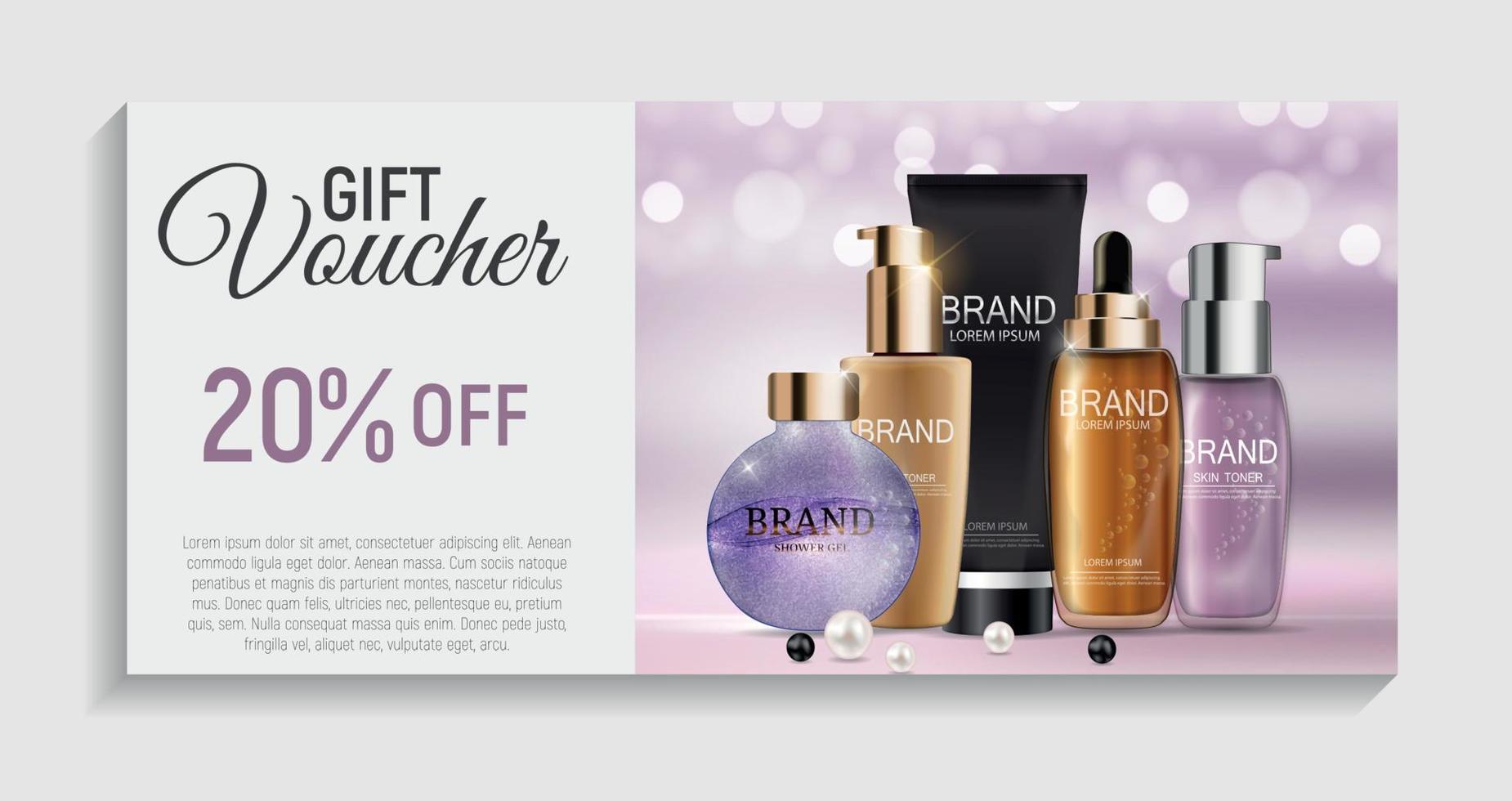 Gift Voucher  with Design Cosmetics Product  Template Background. 3D Realistic Vector Iillustration