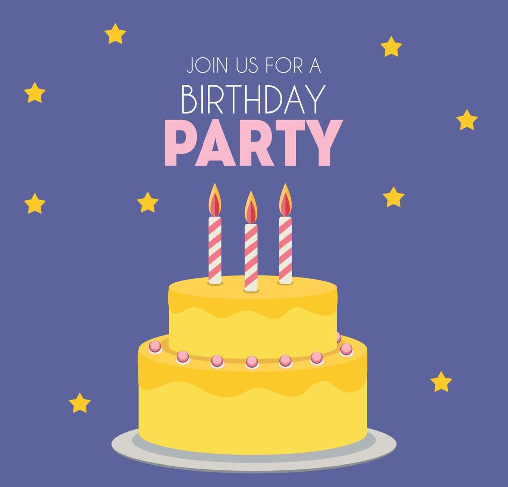 Birthday party invitation with cute cake. Vector Illustration