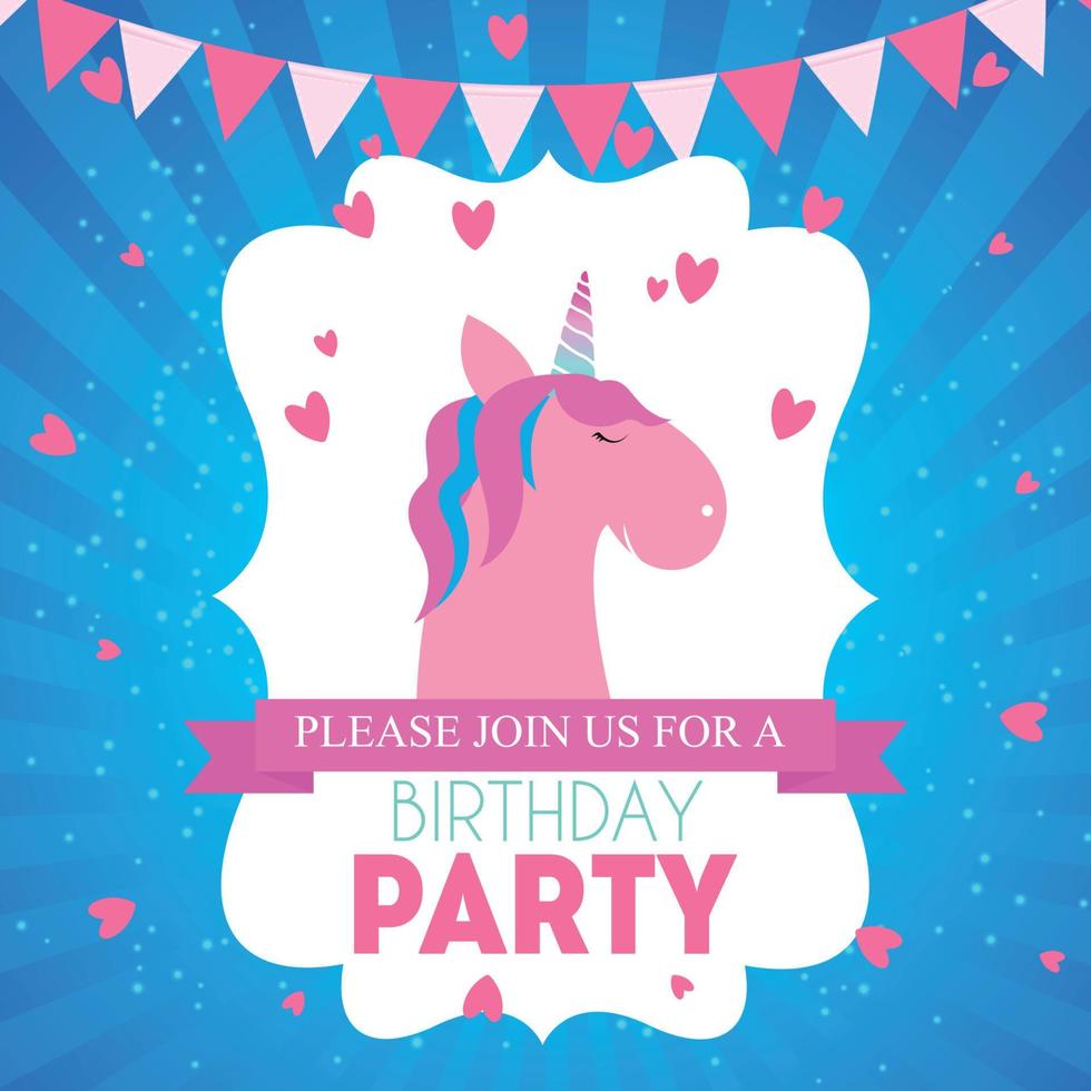 Birthday party invitation with cute unicorn and flower. Vector Illustration