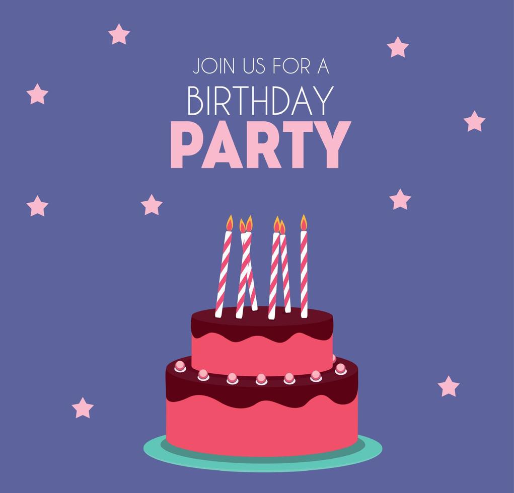 Birthday party invitation with cute cake. Vector Illustration