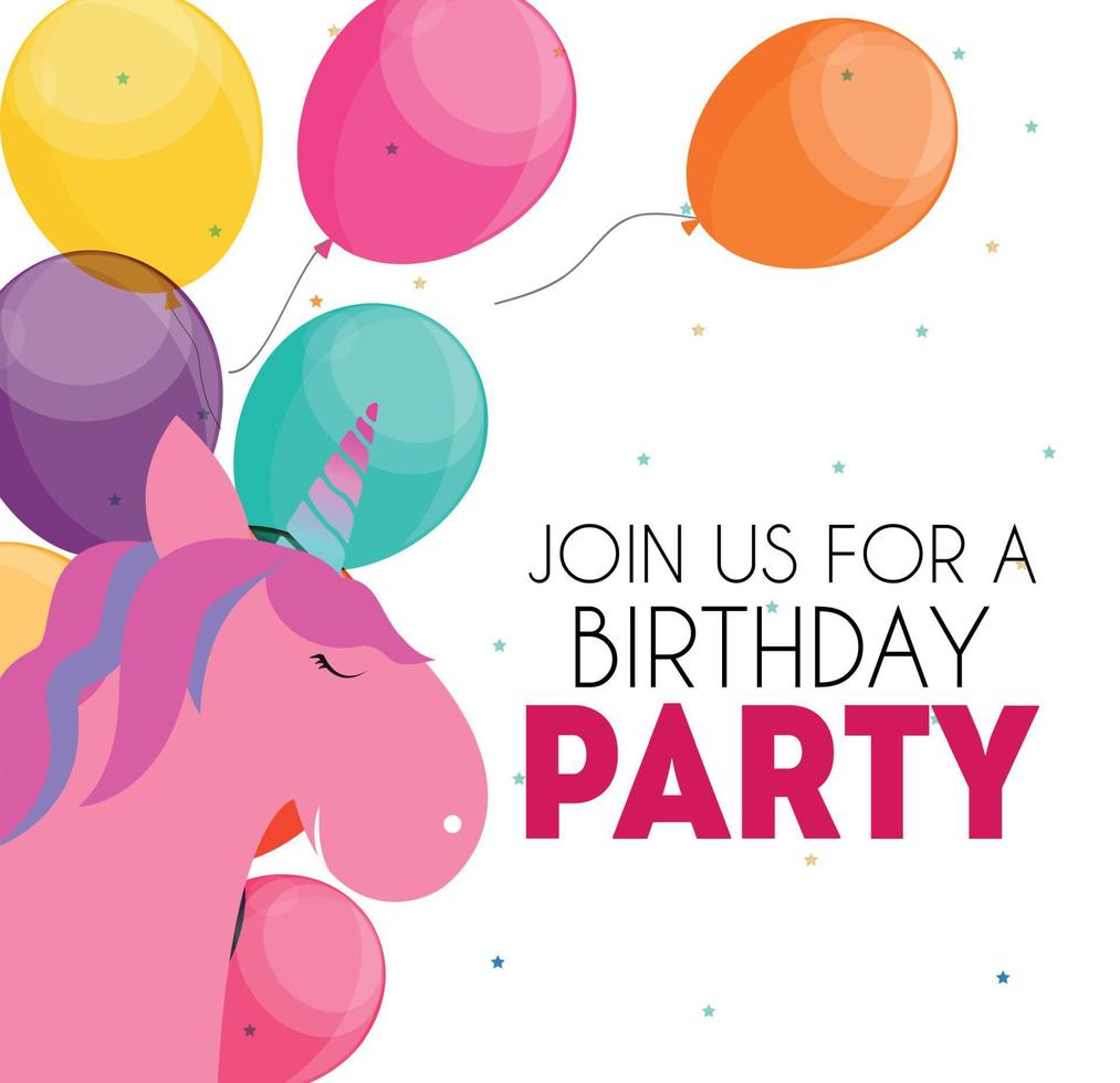 Birthday party invitation with cute unicorn and flower. Vector Illustration