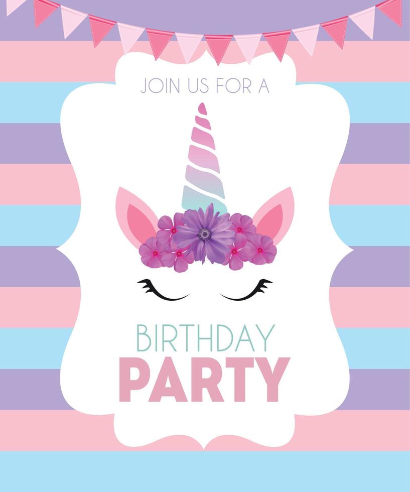 Birthday party invitation with cute unicorn and flower. Vector Illustration