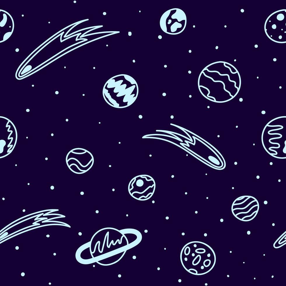 Space pattern. Planets and comets on a background of a blue starry sky with lines in the style of doodle vector