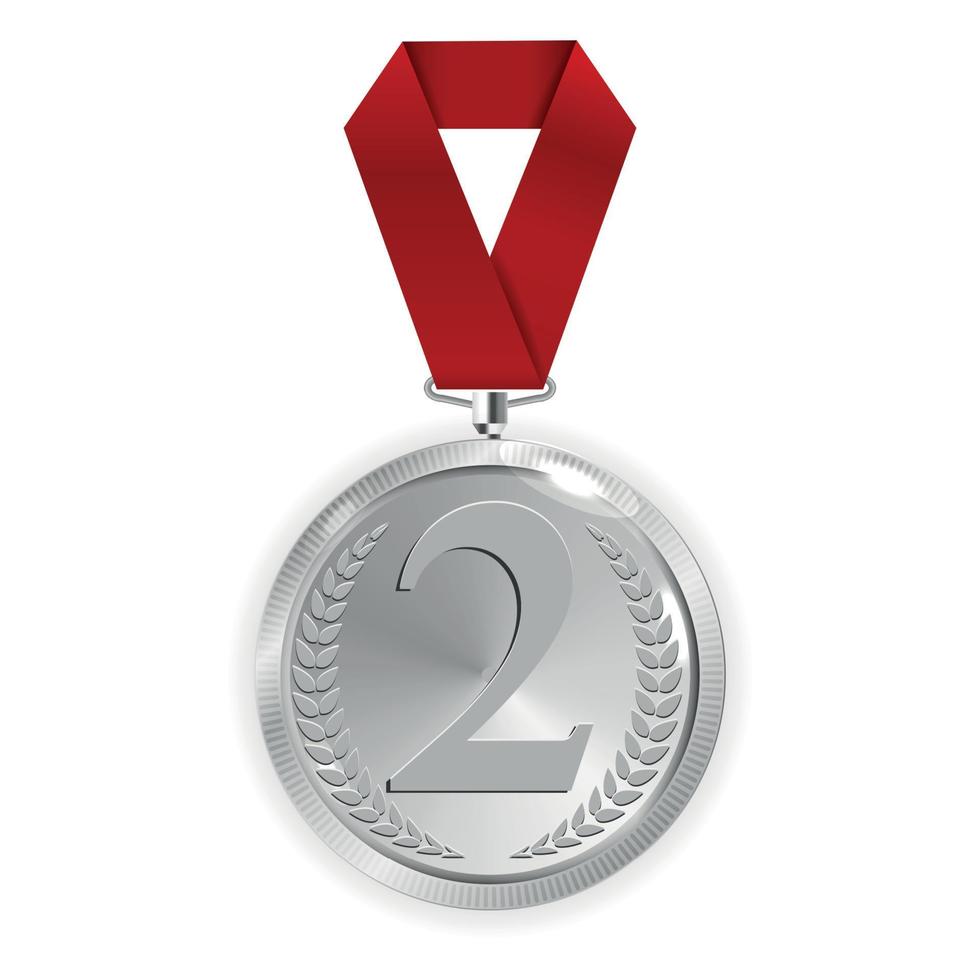 Champion Art Silver Medal with Red Ribbon Icon Sign Second Place Isolated on Transparent Background. Vector Illustration