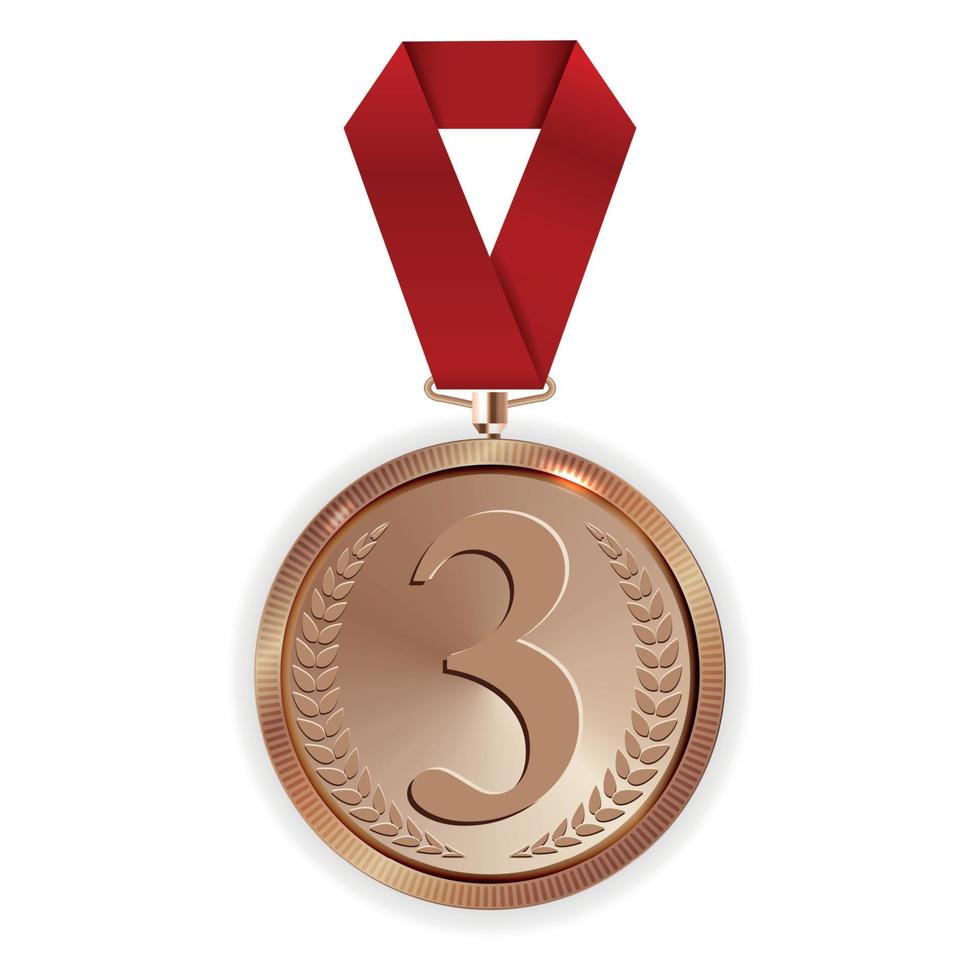 Champion Art Bronze Medal with Red Ribbon Icon Sign First Place Isolated on Transparent Background. Vector Illustration