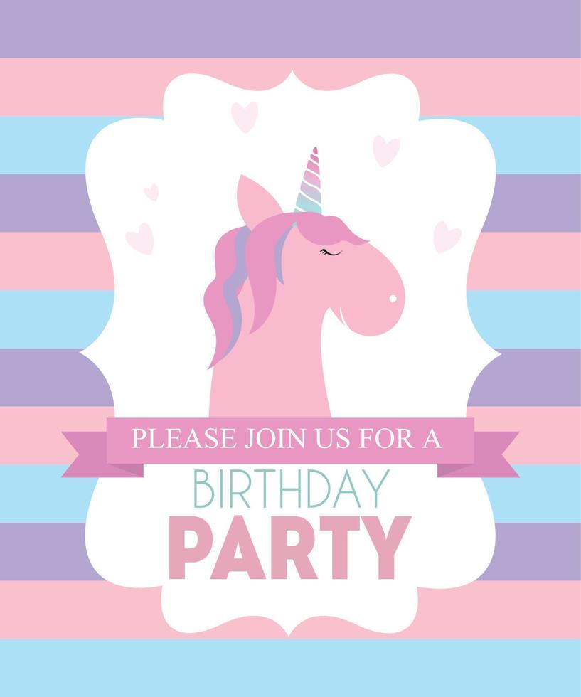 Birthday party invitation with cute unicorn and flower. Vector Illustration