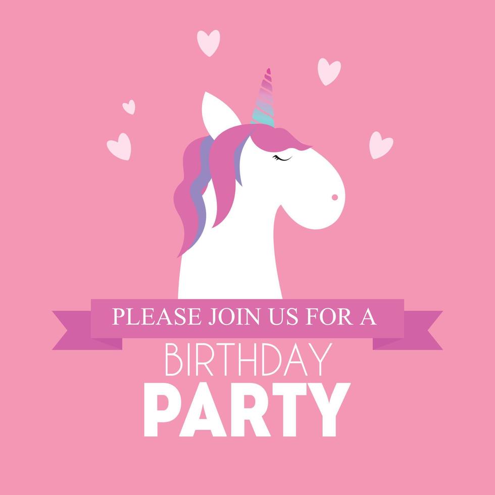 Birthday party invitation with cute unicorn and flower. Vector Illustration