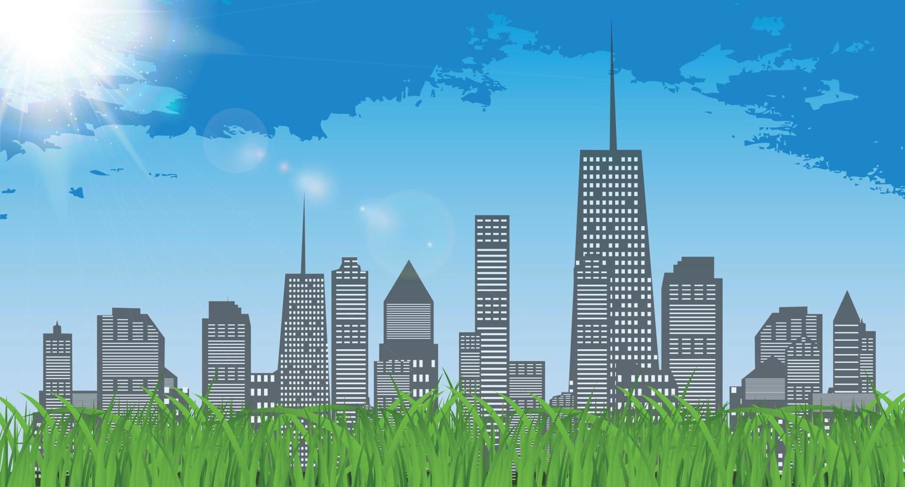 soleado natural en el fondo de la ciudad de negocios y la hierba verde. ilustración vectorial de fondo vector