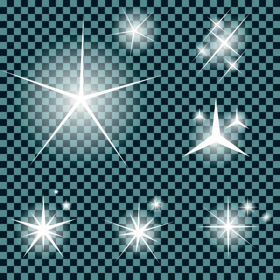 Set of Glowing Light Stars with Sparkles Vector Illustration