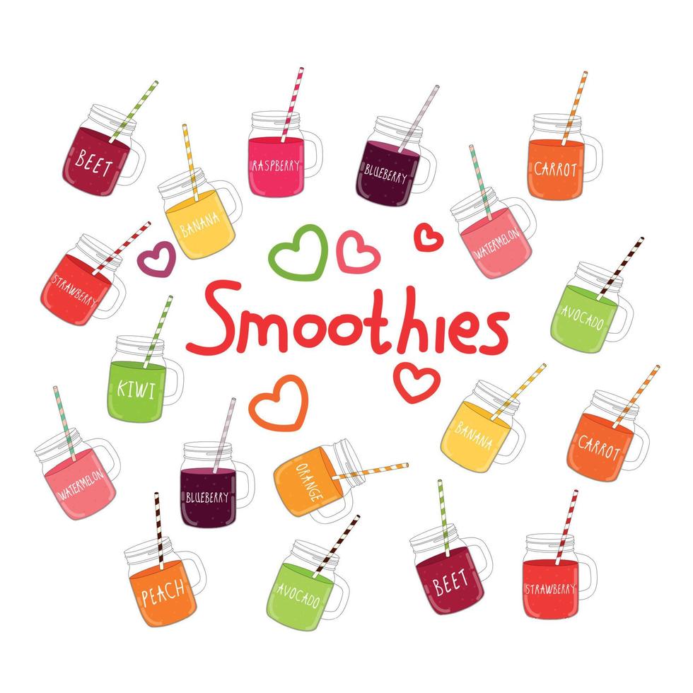 Fresh Beet, Carrot, Banana, Blueberry Watermelon Avocado Orange Peach Smoothie Set. Healthy Food vector