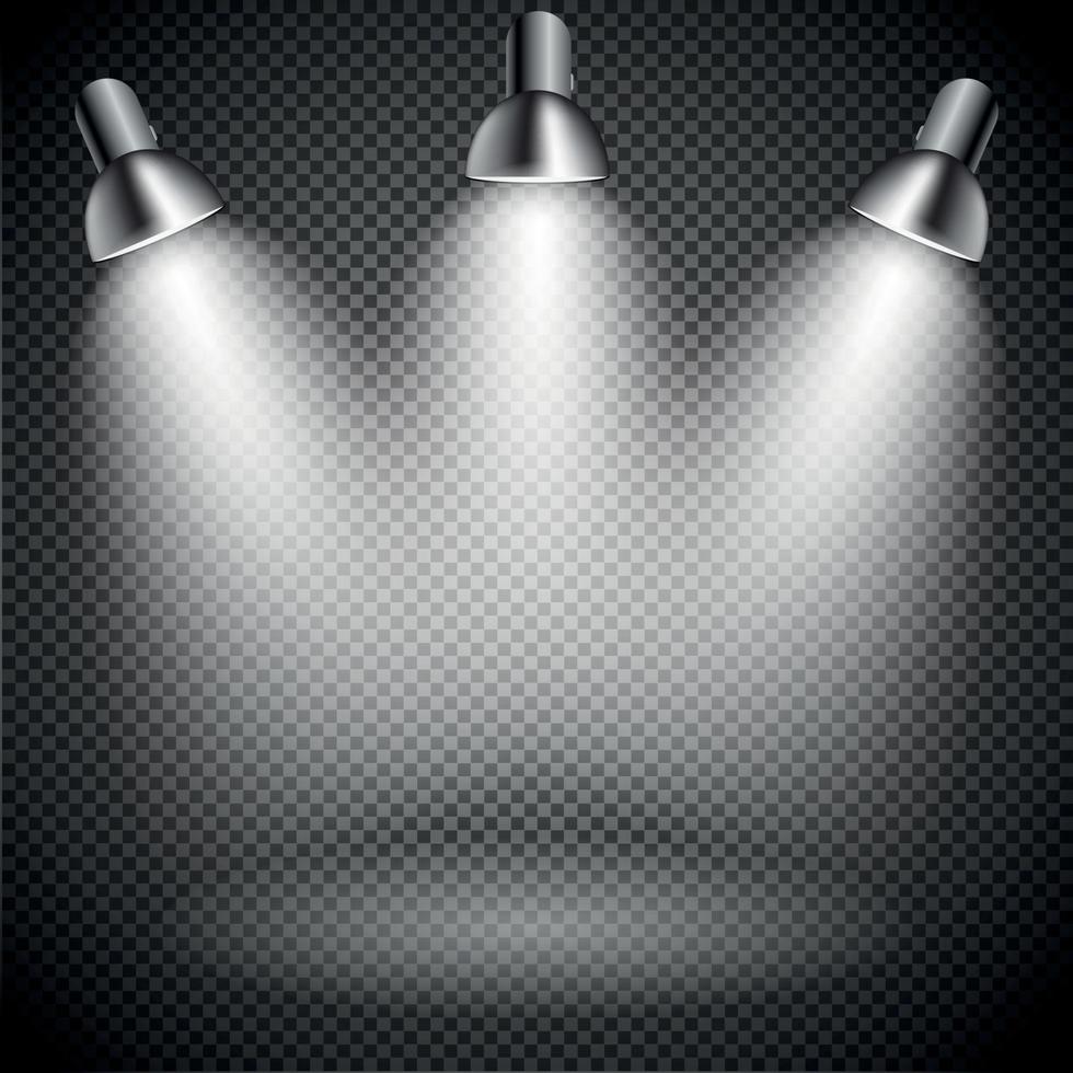 Bright with Lighting Spotlights Lamp with Transparent Effects on a Plaid Dark Background. . Empty Space for Your Text or Object vector