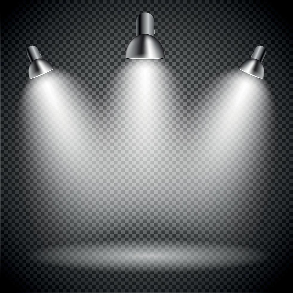 Bright with Lighting Spotlights Lamp with Transparent Effects on a Plaid Dark Background. . Empty Space for Your Text or Object vector