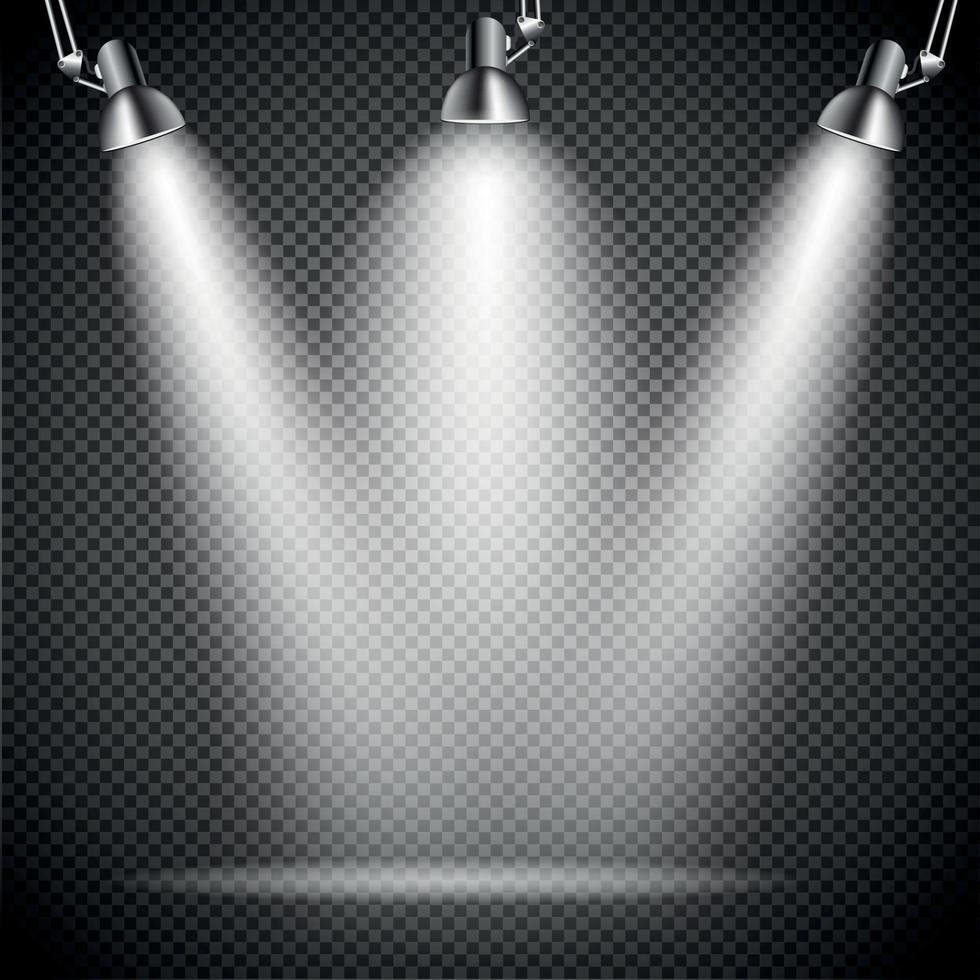 Bright with Lighting Spotlights Lamp with Transparent Effects on a Plaid Dark Background. . Empty Space for Your Text or Object vector